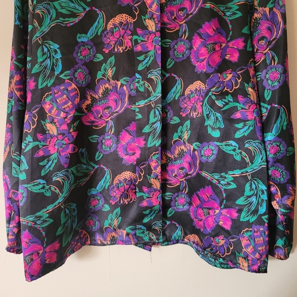 Vintage 80s Oscar De La Renta Dark Floral Satin Long Sleeve Blouse Size 14 - Picture 6 of 8